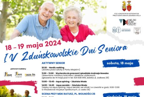 grafika przedstawia seniorów, kobietę i mężczyznę. Plakat zaprasza na IV Zduńskowolskie Dni Seniora. Wydarzenie odbędzie się 18 i 19 maja