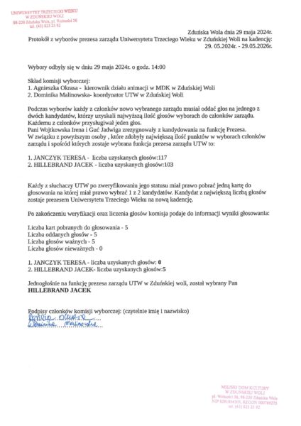Protokol Z Wyborow Prezesa UTW Na Kadencje 2024 2026