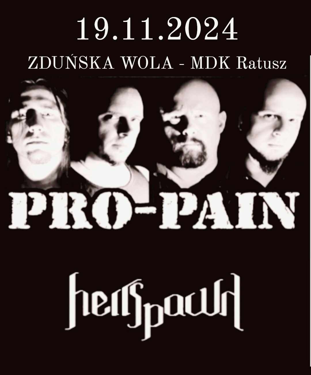 grafika przedstawia czarny plakat, a na nim cztery męskie twarze, plakat zaprasza na koncert w dniu 19 listopada