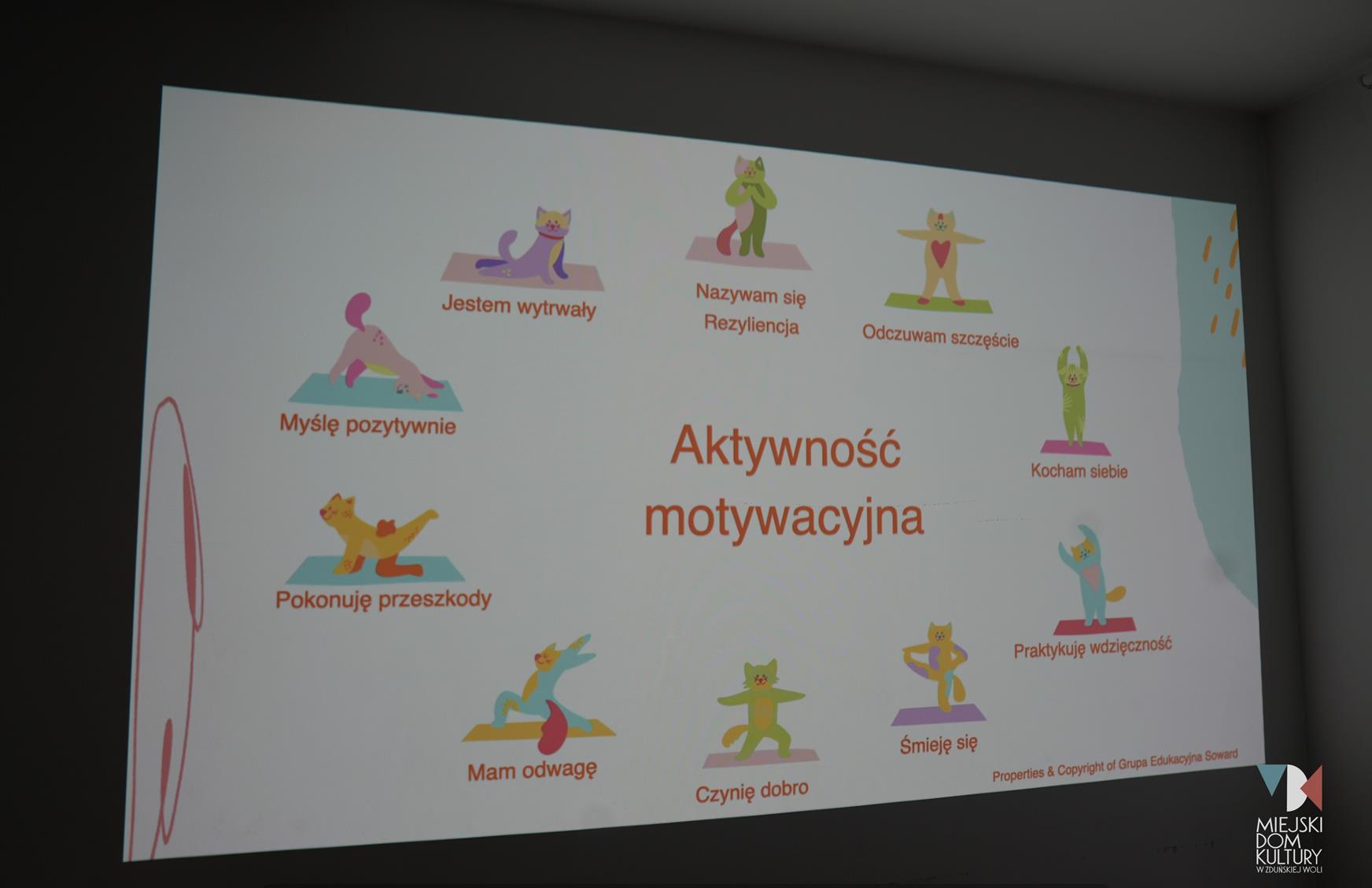 zdjęcie przedstawia ekran multimedialny, a na nim białą planszę z opisanymi różnymi relacjami i aktywnościami motywacyjnymi