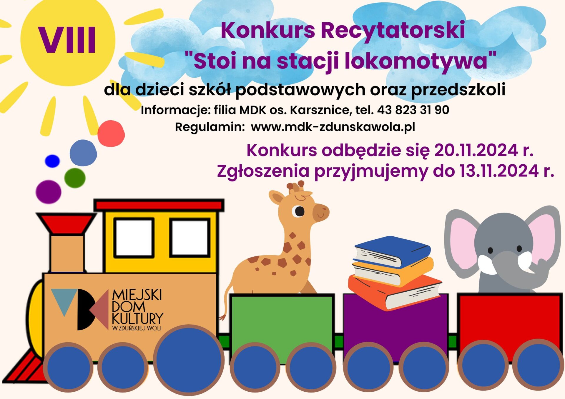 zdjęcie przedstawia kolorową lokomotywę z trzema wagonami, grafika dotyczy konkursu recytatorskiego, który odbędzie się w filii MDK