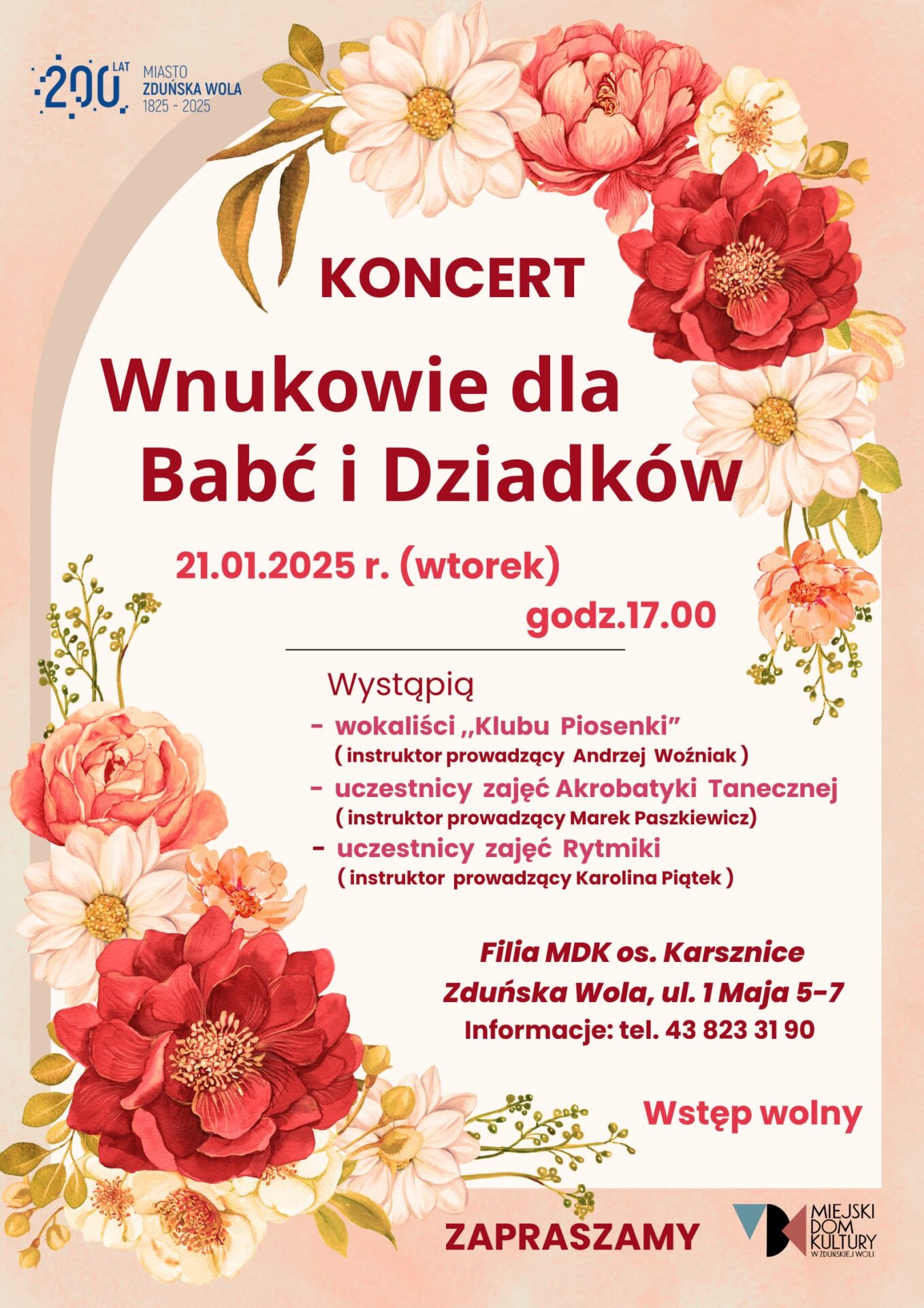 plakat bladoróżowy, łososiowy z kwiatami w tle zaprasza na koncert z okazji dnia babci i dziadka w Karsznicach 21 stycznia o godzinie 17.00, wstęp wolny