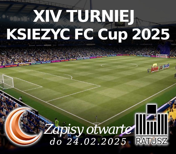 Zdjęcie przedstawia boisko piłkarskie, zieloną trawę, dookoła kibiców, grafika zaprasza na turniej feryjny FIFA Cu, który odbędzie się 26 lutego w Ratuszu o 9.00