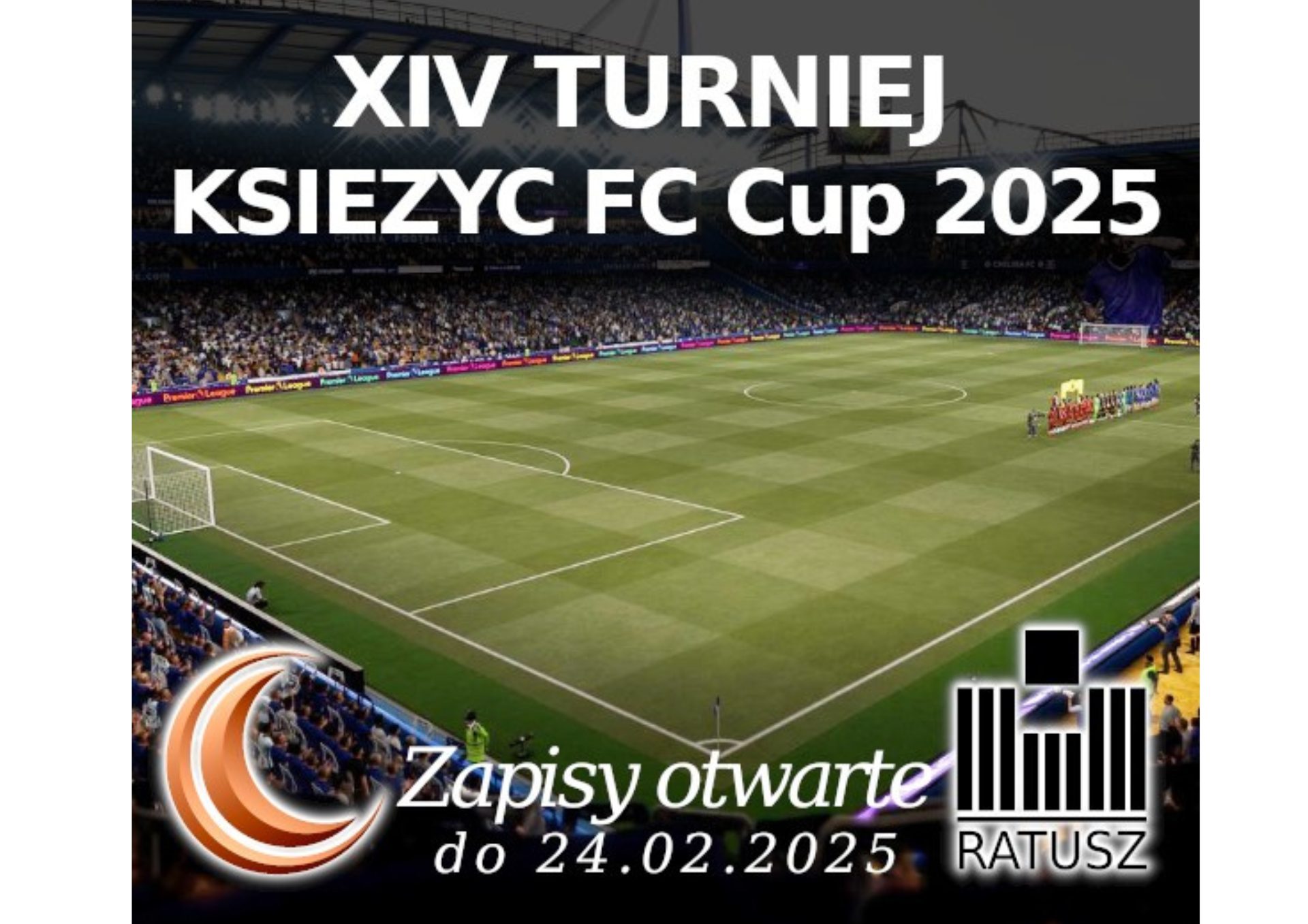 Zdjęcie przedstawia boisko piłkarskie, zieloną trawę, dookoła kibiców, grafika zaprasza na turniej feryjny FIFA Cu, który odbędzie się 26 lutego w Ratuszu o 9.00