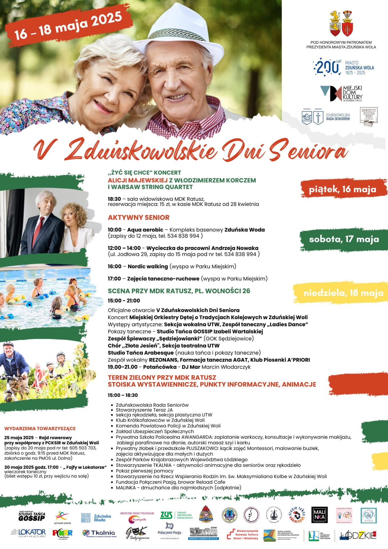 kolorowy plakat, białe tło na nim, twarz seniorów kobiety i męczyzny, to zaproszenie na V Zduńskowolskie Dni Seniora