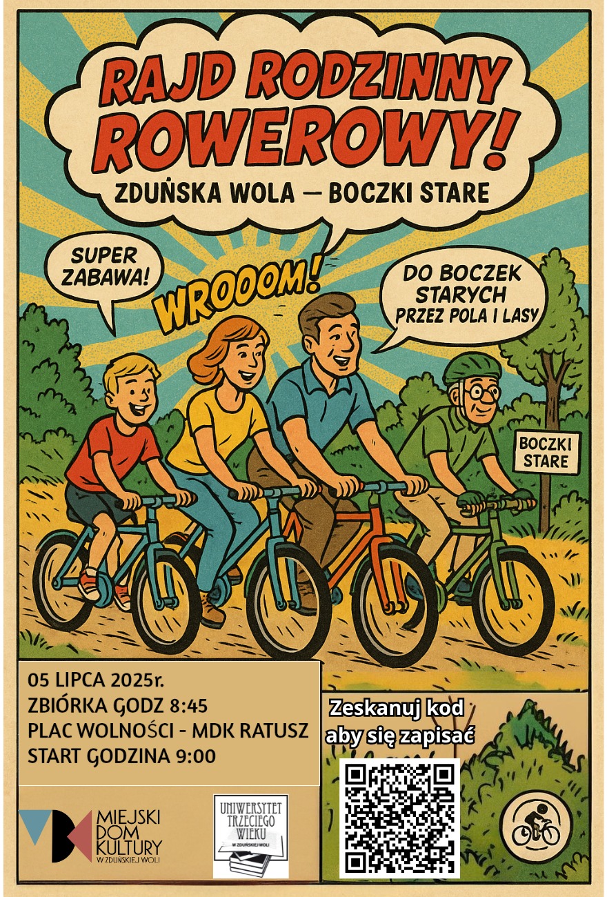 Wspólnie z Uniwersytetem Trzeciego Wieku zapraszamy na Rajd Rowerowy. 5 lipca, sobota. godzina 9.00