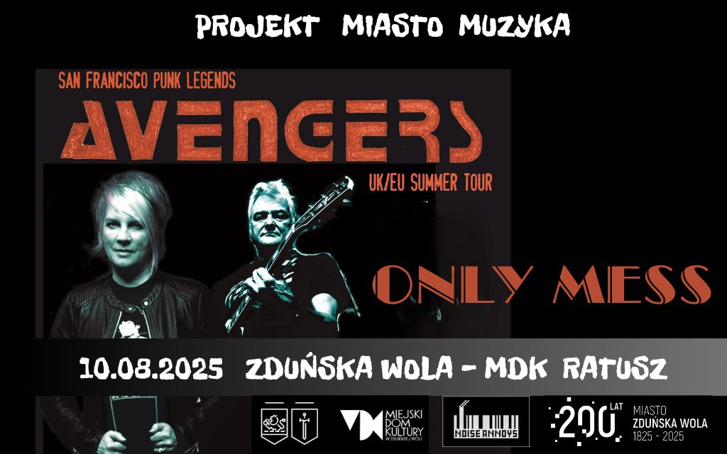 czarny plakat z czerwonymi literami i postaciami z gitarami, to skład amerykańskiego zespołu Avengers