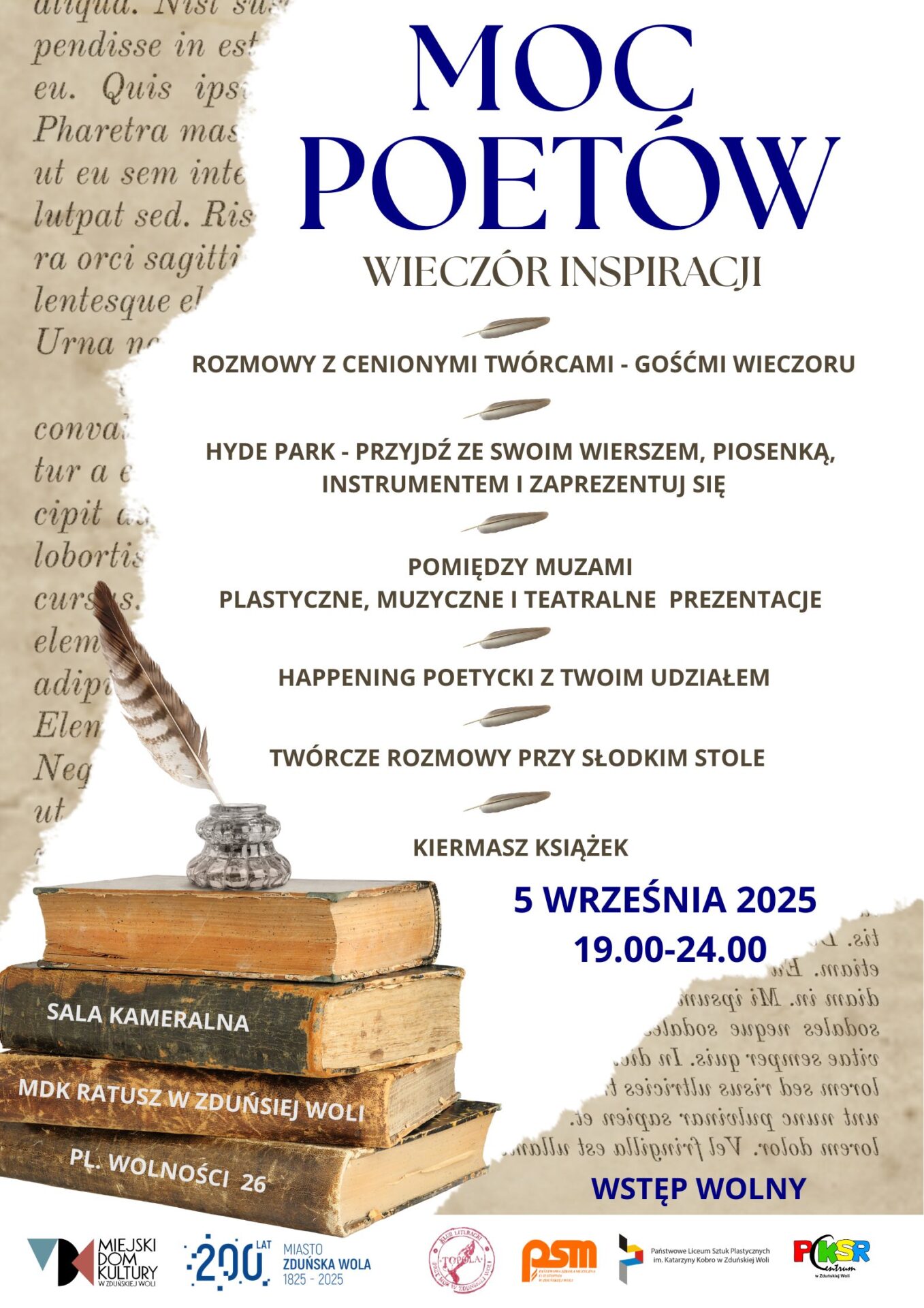 biały plakat z granatowym napisem Moc Poetów, to wydarzenie które łączy literaturę, muzykę, sztuki plastyczne i teatr. Zapraszamy 5 września od godz. 19.00 do 24.00