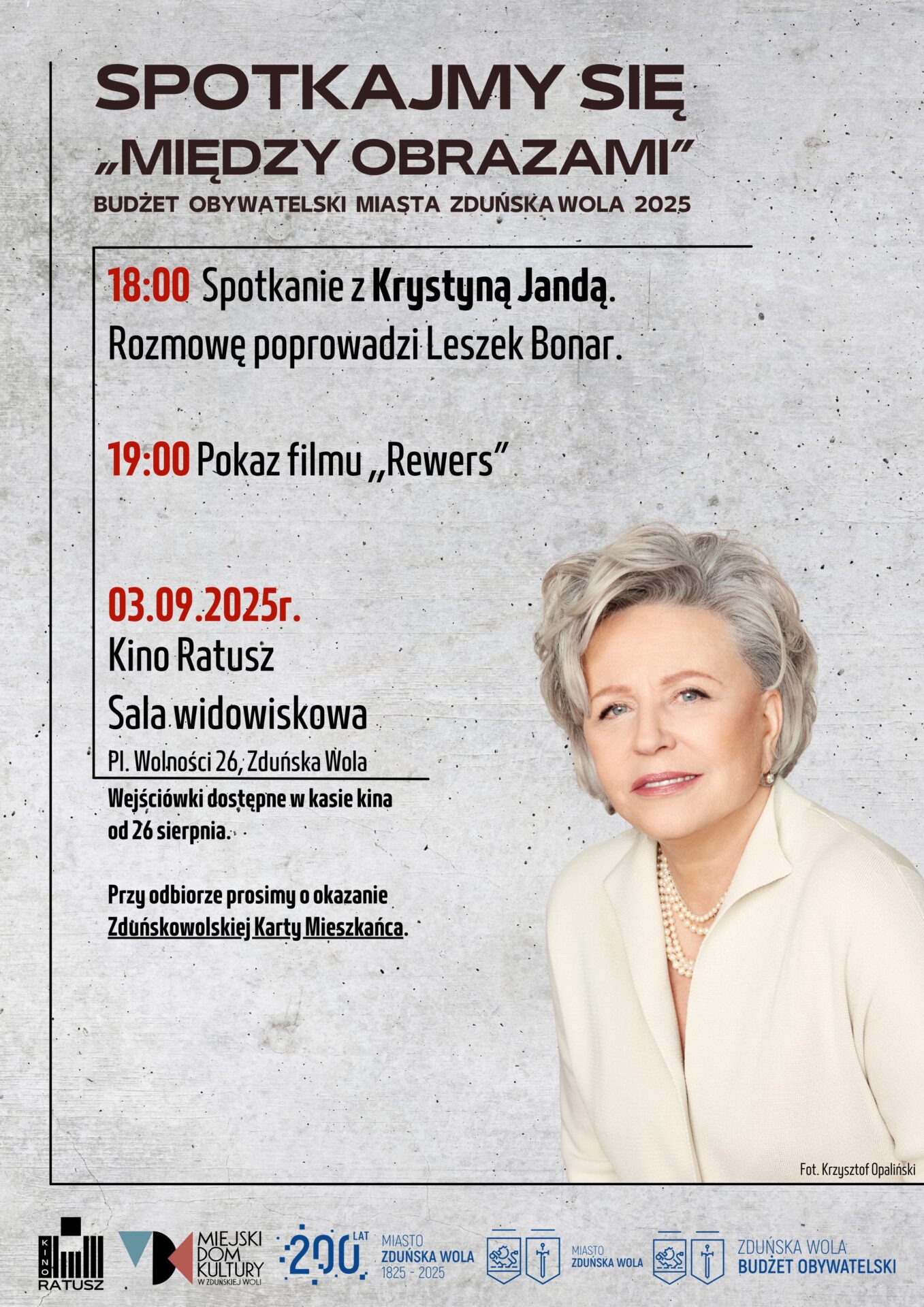 szara grafika, a na niej twarz kobiety, znanej aktorki Krystyny Jandy, z którą spotkanie odbędzie się 3 wrzesnia o godzinie 18.00