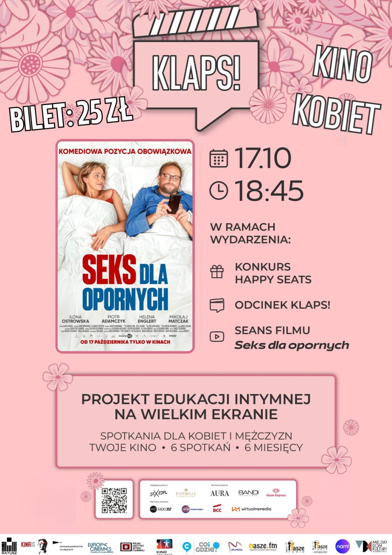 jasno różowy plakat zaprasza na kino Klaps dla Kobiet 17 października, godzina 18.45