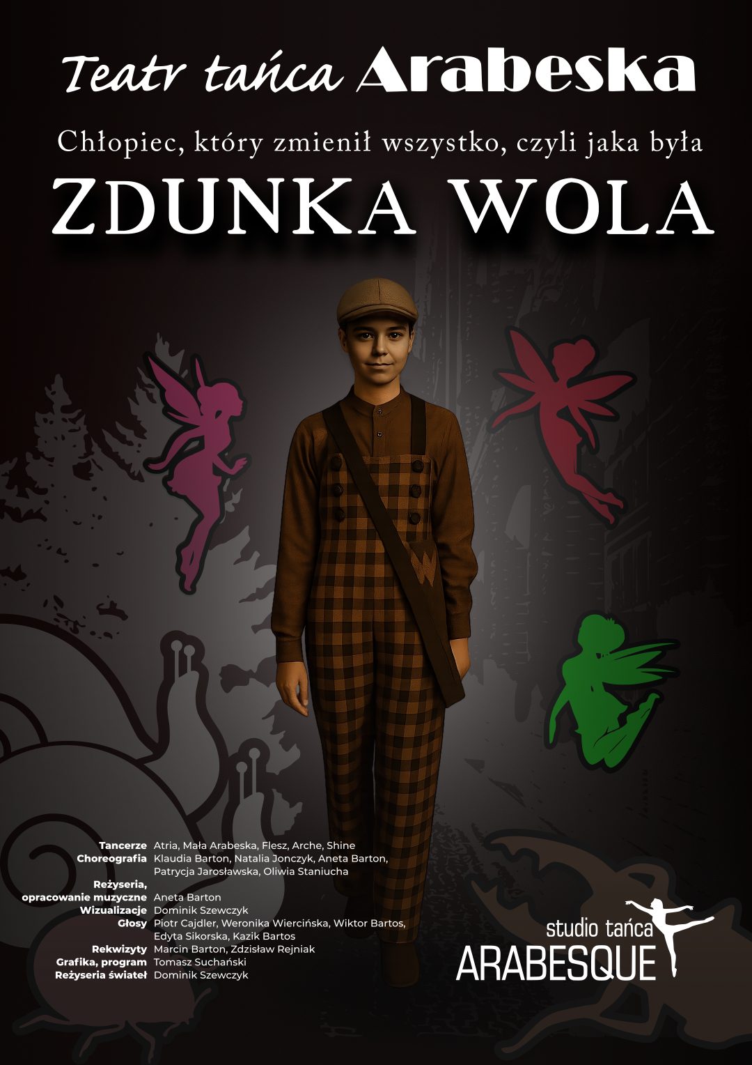 czarny plakat przedstawia chłopca Zdunka, który symbolizuje i nawiązuje do spektaklu przygotowanego przez TEATR TAŃCA ARABESKA