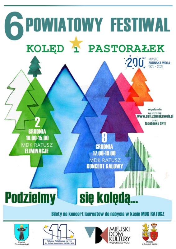 zdjęcie przedstawia rysunkowe choinki , to zaproszenie na 6 festiwal kolęd i pastorałek