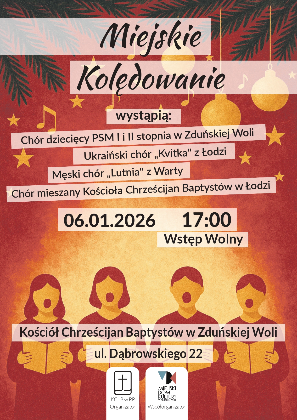 Pomarańczowo-czerwony plakat dotyczy Miejskiego Kolędowania, które odbędzie się 6 stycznia w Zduńskiej Woli