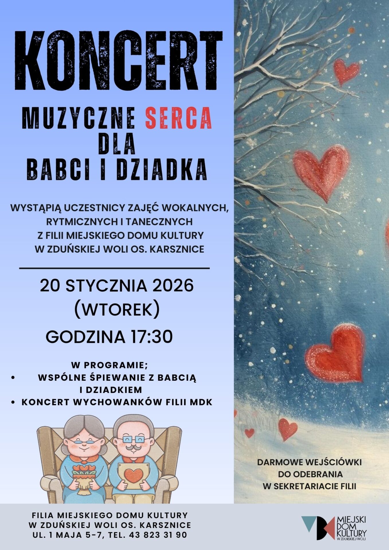 grafika dotyczy Koncert Muzyczne Serca dla Babci i Dziadka w Karsznicach, 20 stycznia, godzina 17.30