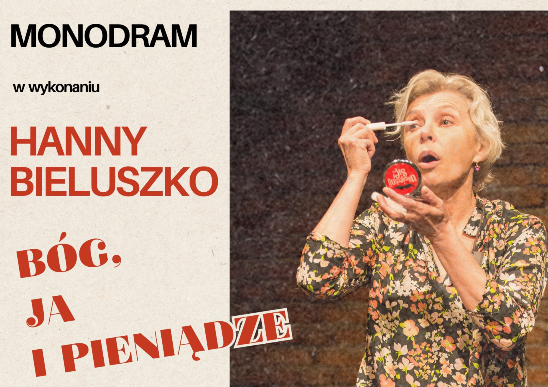 plakat beżowo szary zaprasza na monodram w wykonaniu Hanny Bileuszko, który odbędzie się 1 marca o godzinie 17.00 w sali kameralnej