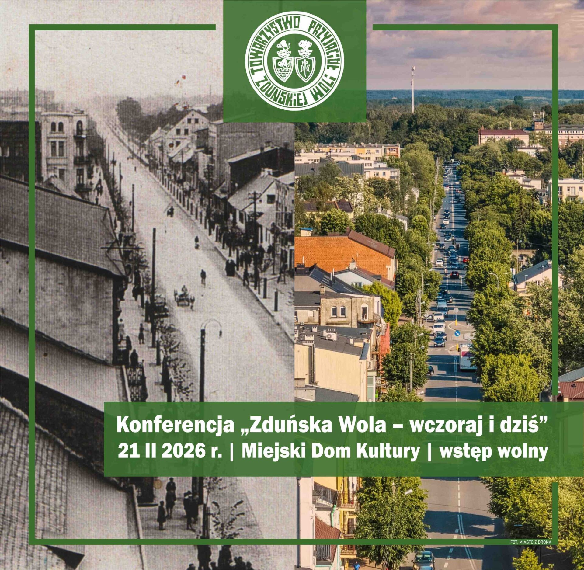 zdjęcie przedstawia Zduńską Wolę z lotu ptaka, widać budynki po lewej stronie są w kolorze czarno-białym po prawej kolorowe