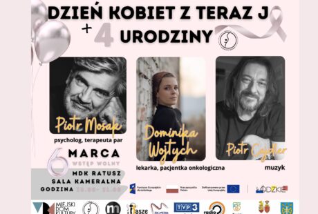 Różowy plakat na nim czarno-białe zdjęcia dwóch mężczyzn w średnim wieku i kobiety, to goście spotkania z okazji 4. urodzin Stowarzyszenia Teraz Ja, które odbędą się 6 marca od godz. 18.00 -21.00 wstęp wolny