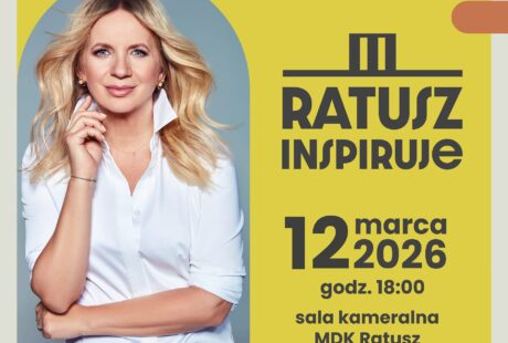 żółta grafika na niej zdjęcie znanej prezenterki Marzeny Rogalskiej, która spotka się z mieszkańcami Zduńskiej Woli 12 marca o godz. 18.00, bilety do nabycia w kasie i online