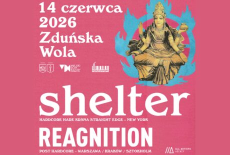 r&oacute;żowy plakat na nim postać buddy i białe napisy, to zapowiedź koncertu zespołu Shelter, kt&oacute;ry wystąpi 14 czerwca o godz. 19.00 w MDK Ratusz