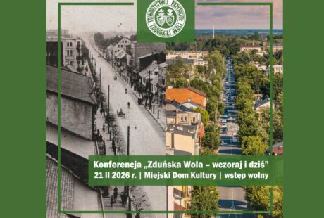 zdjęcie przedstawia Zduńską Wolę z lotu ptaka, widać budynki po lewej stronie są w kolorze czarno-białym po prawej kolorowe