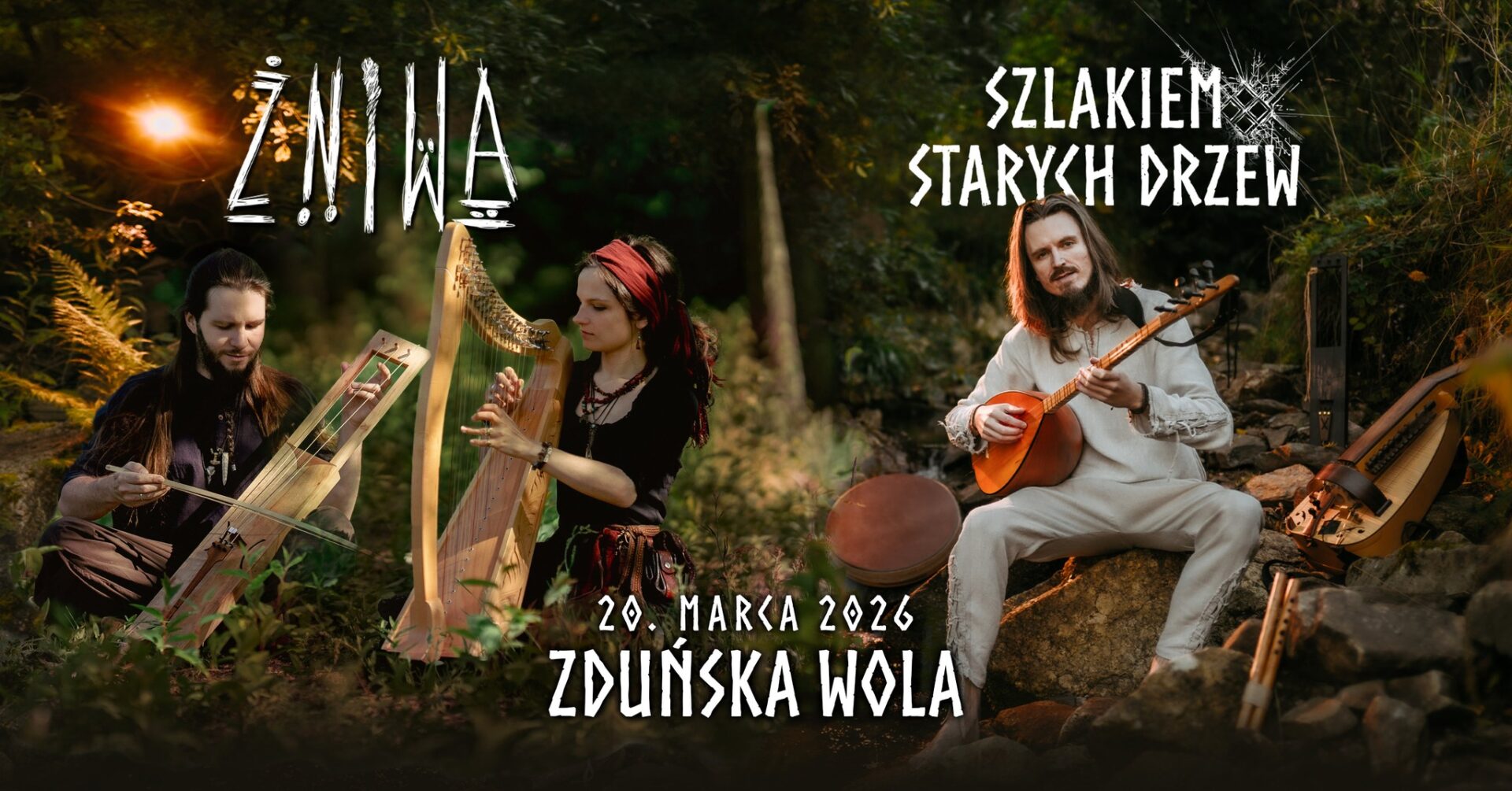 grafika przedstawia dwóch mężczyzn i jedną kobietę to muzycy zespołu Szlakiem Starych Drzew i Żniwa, które zagrają 20 marca w MDK Ratusz