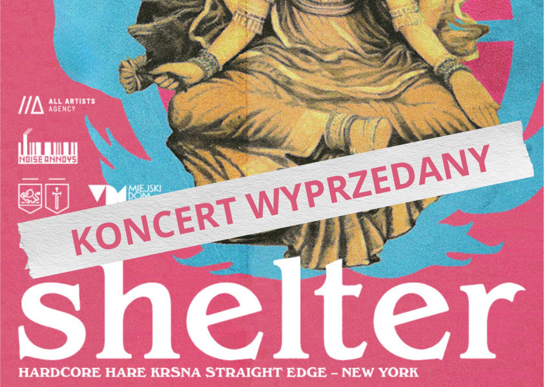 różowy plakat na nim postać buddy i białe napisy, to zapowiedź koncertu zespołu Shelter, który wystąpi 14 czerwca o godz. 19.00 w MDK Ratusz