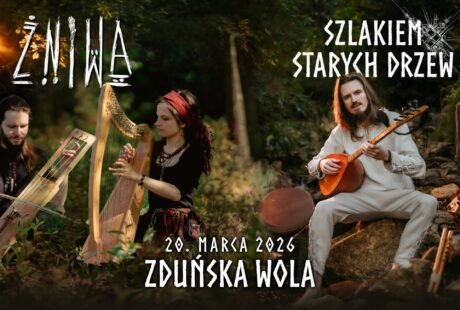 grafika przedstawia dwóch mężczyzn i jedną kobietę to muzycy zespołu Szlakiem Starych Drzew i Żniwa, które zagrają 20 marca w MDK Ratusz