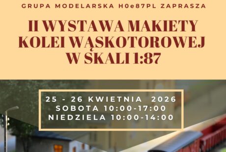 na plakacie dwa pociągi, długie czerwone z informacja o wystawie makiet w Karsznicach
