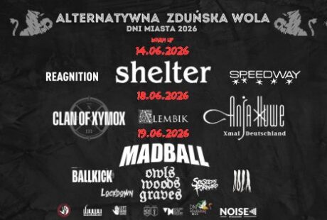 czarne tło na nim białe napisy dot. Alternatywnej Zduńskiej Woli i zespoł&oacute;w, kt&oacute;re wystąpią