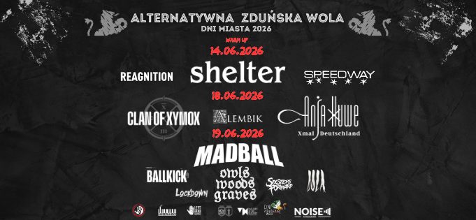 czarne tło na nim białe napisy dot. Alternatywnej Zduńskiej Woli i zespołów, które wystąpią