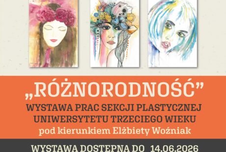 Kolorowa grafika dotyczy wystawy prac plastycznych R&oacute;żnorodność w wykonaniu sekcji plastycznej UTW