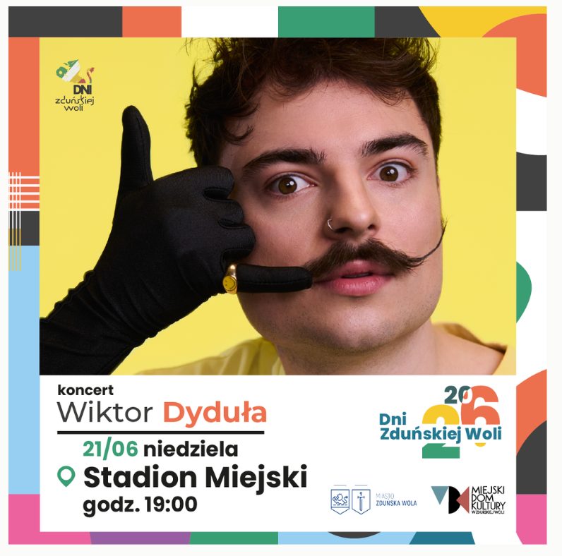 zdjęcie przedstawia wokalistę Wiktora Dydułę, który wystąpi podczas Dni Zduńskiej Woli 21 czerwca o 19.00