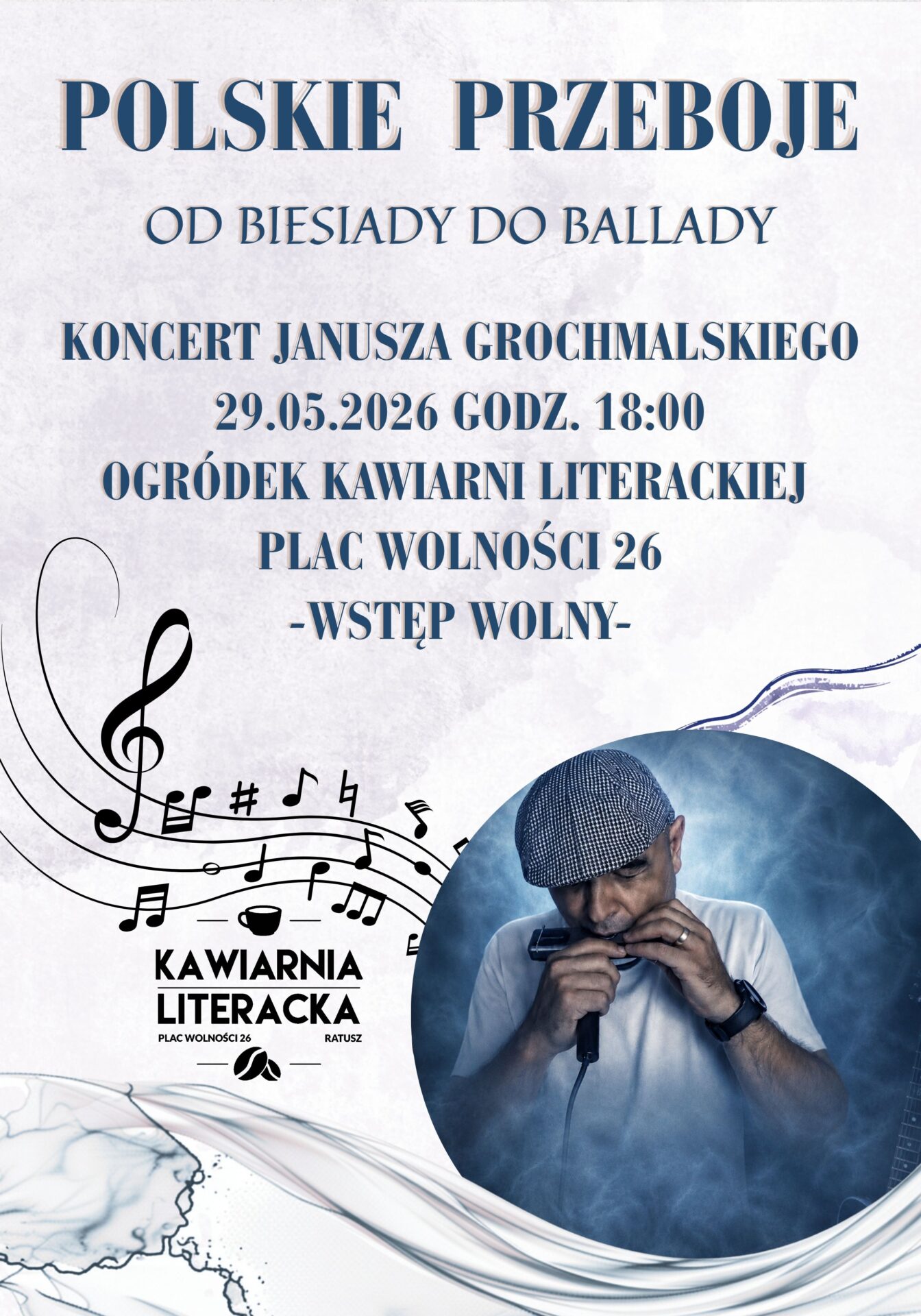 Polskie przeboje - piosenki Czerwonych Gitar, Skaldów, Andrzeja Zauchy i wielu innych wykonawców będzie można usłyszeć już 29.05.2026 w naszym kawiarnianym ogródku w wykonaniu Pana Janusza Grochmalskiego. Pan Janusz pochodzi ze Zduńskiej Woli. Muzyką zajmuje się amatorsko, ale daje mu ona ogromną radość Powspominajmy wspólnie największe polskie przeboje! Wstęp wolny, do zobaczenia