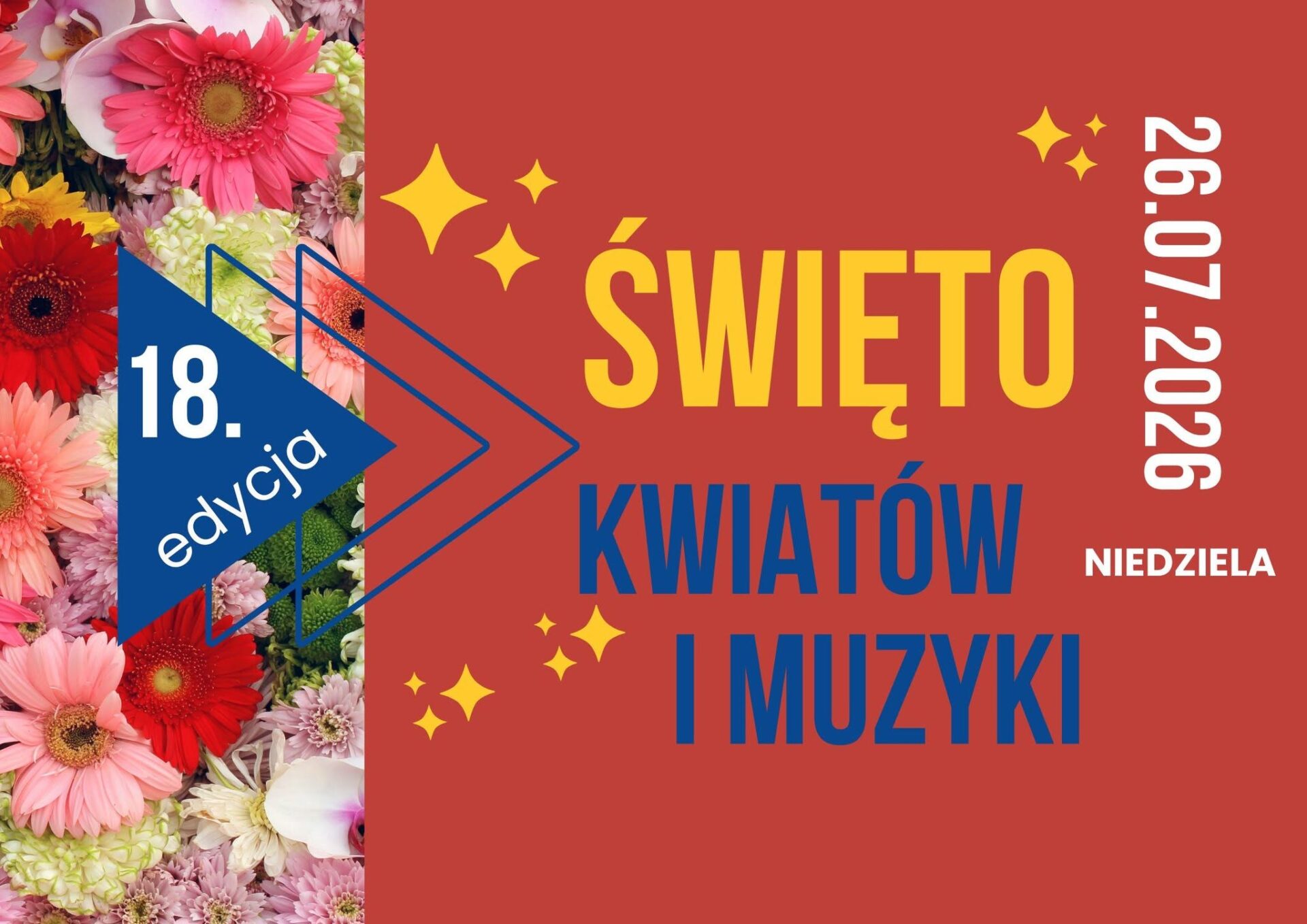 czerwona grafika na niej kolorowe kwiaty i napisy, to zaproszenie na święto kwiatów 26 lipca w Karsznicach