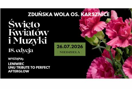 czarna grafika, na niej r&oacute;żwe kwiaty i białe napisy, to zaproszenie na Święto Kwiat&oacute;w kt&oacute;re odbędzie się 26 lipca na os. Karsznice