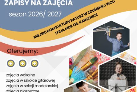 grafika dotyczy zapisów na zajęcia w nowym roku kulturalnym 2026 / 2027 zapisy na zajęcia ruszają 1 lipca, wszystkie informacje dostępne są na stronie Strefa Zajęć