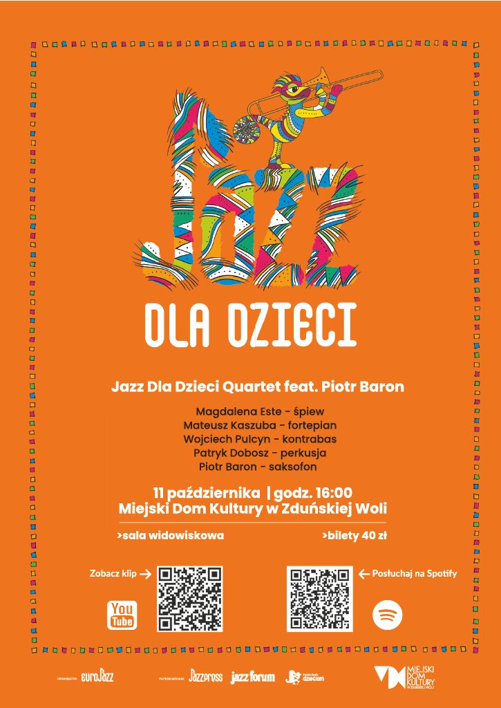 pomarańczowa plansza zaprasza na koncert Jazz dla dzieci, 11 października, godzina 16.00