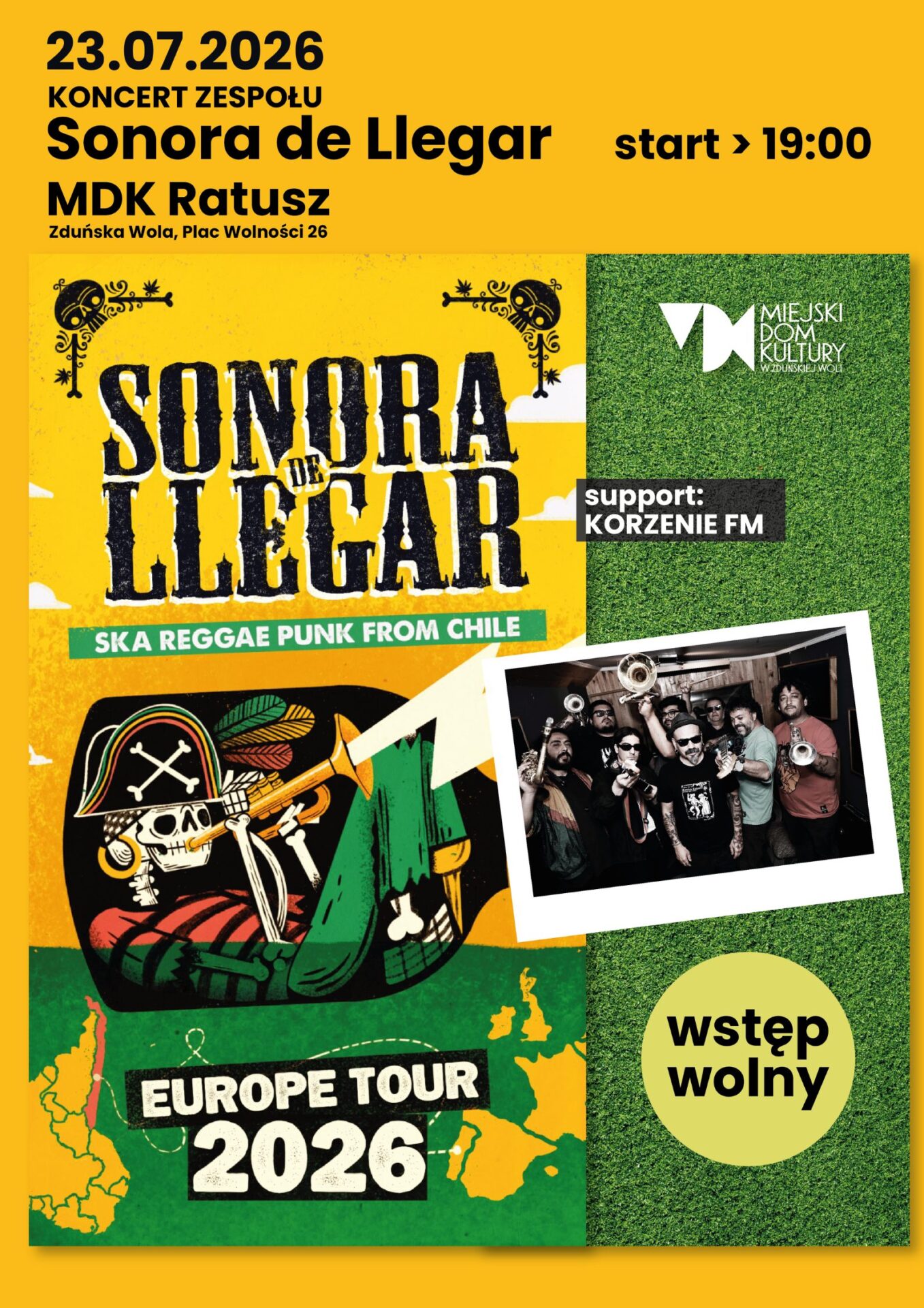 żólto-zielony plakat z czarnymi napisami zaprasza na koncert chilijskiej grupy Sonora de Llegar, 23 lipca godz. 19.00, wstęp wolny