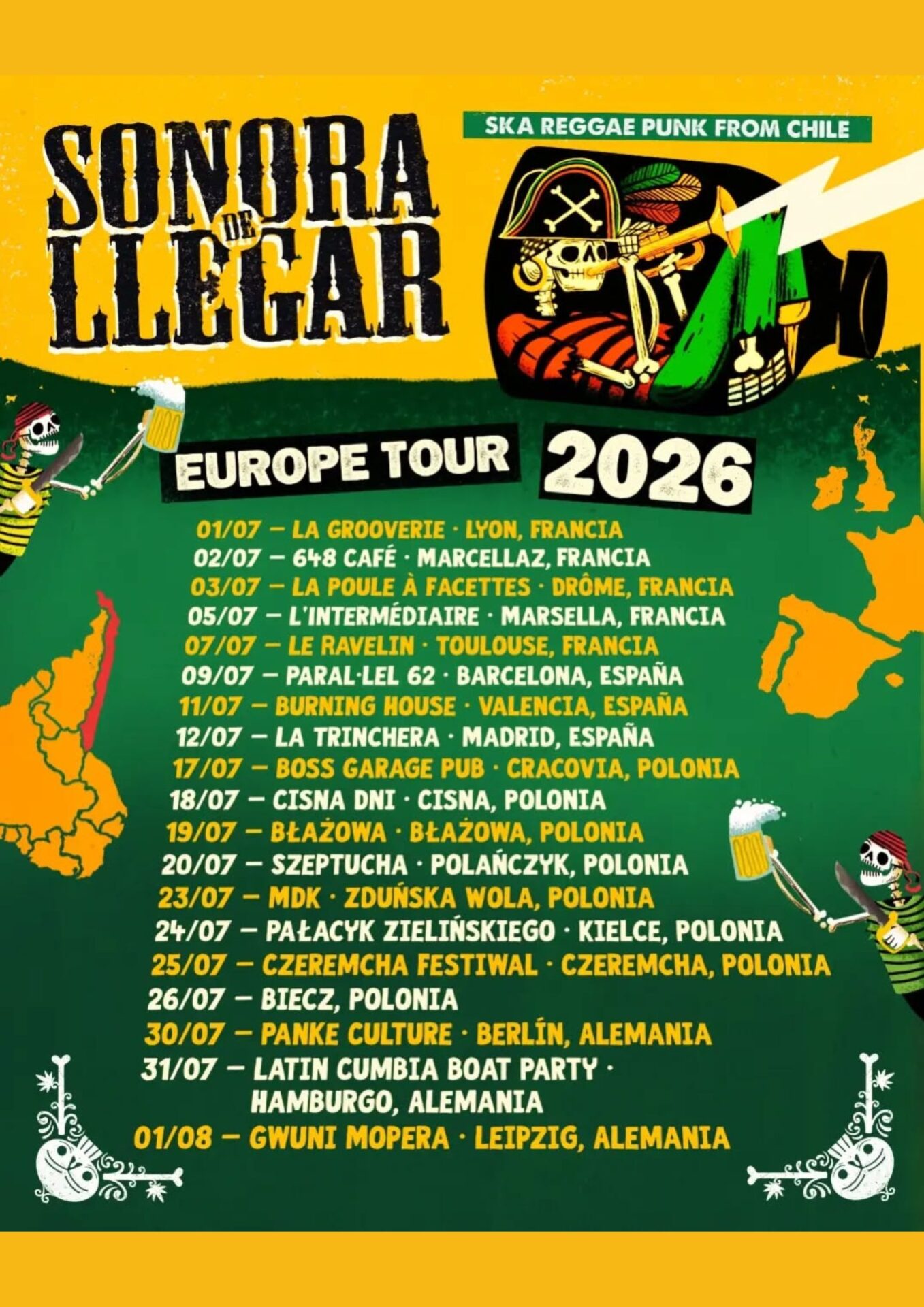 żółto-zielony plakat z czarnymi napisami zaprasza na koncert chilijskiej grupy Sonora de Llegar, 23 lipca godz. 19.00, wstęp wolny