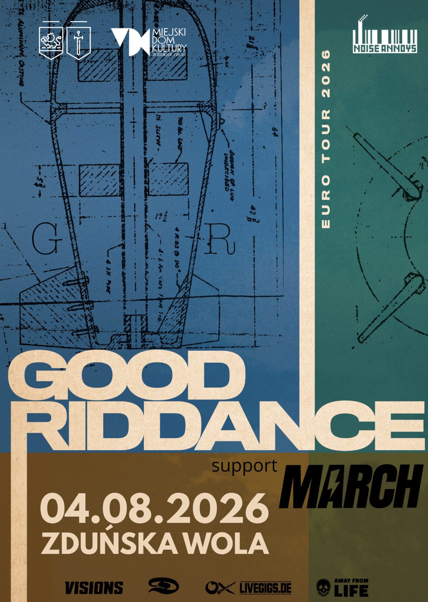 niebieska grafika dotyczy koncertu 4 sierpnia zespołu Good Riddance i zespołu March, wstęp wolny, sala kameralna MDK Ratusz, godz. 20.00