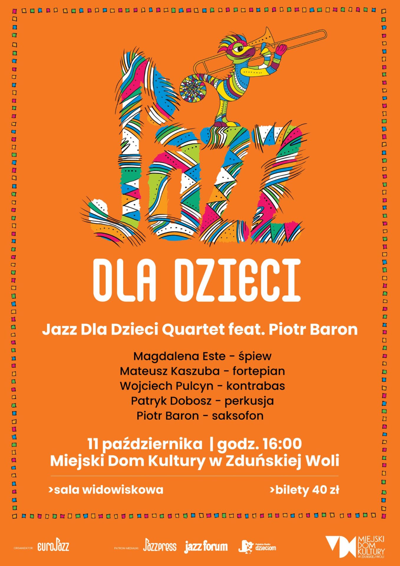 pomarańczowa plansza zaprasza na koncert Jazz dla dzieci, 11 października, godzina 16.00