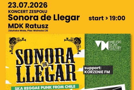 żólto-zielony plakat z czarnymi napisami zaprasza na koncert chilijskiej grupy Sonora de Llegar, 23 lipca godz. 19.00, wstęp wolny
