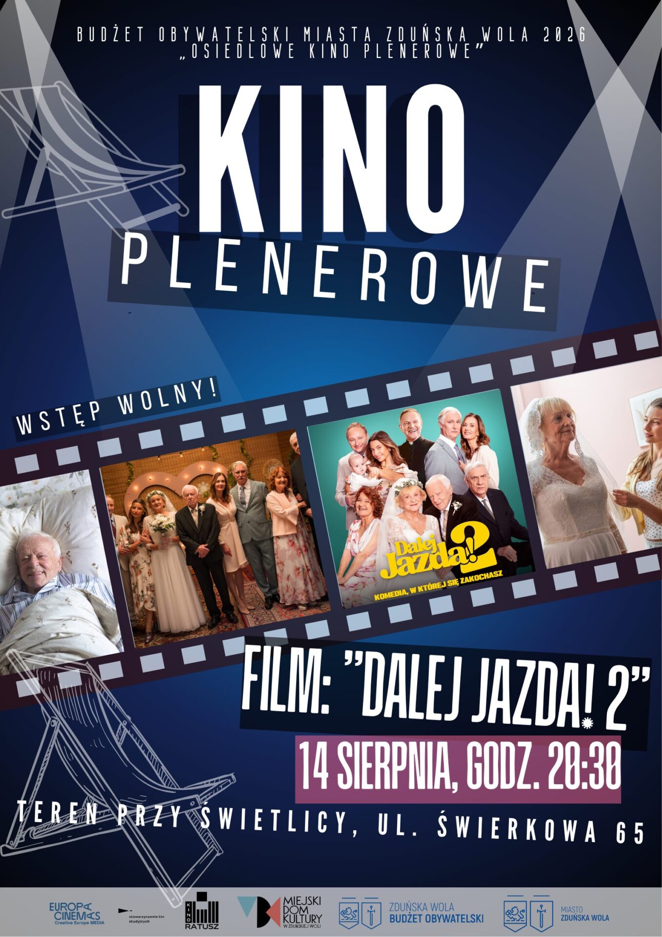 niebieska grafika z białymi napisami, to zaproszenie na kino plenerowe i film Dalej jazda, 14 sierpnia, godz. 20.30 osiedle nowe miasto, wstęp wolny