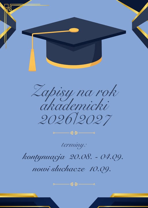 zdjęcie przedstawia zapisy na nowy rok akademicki Uniwersytetu Trzeciego Wieku, zapisy od 20 sierpnia dla kontynuujących naukę i dla nowych słuchaczy od 10 września