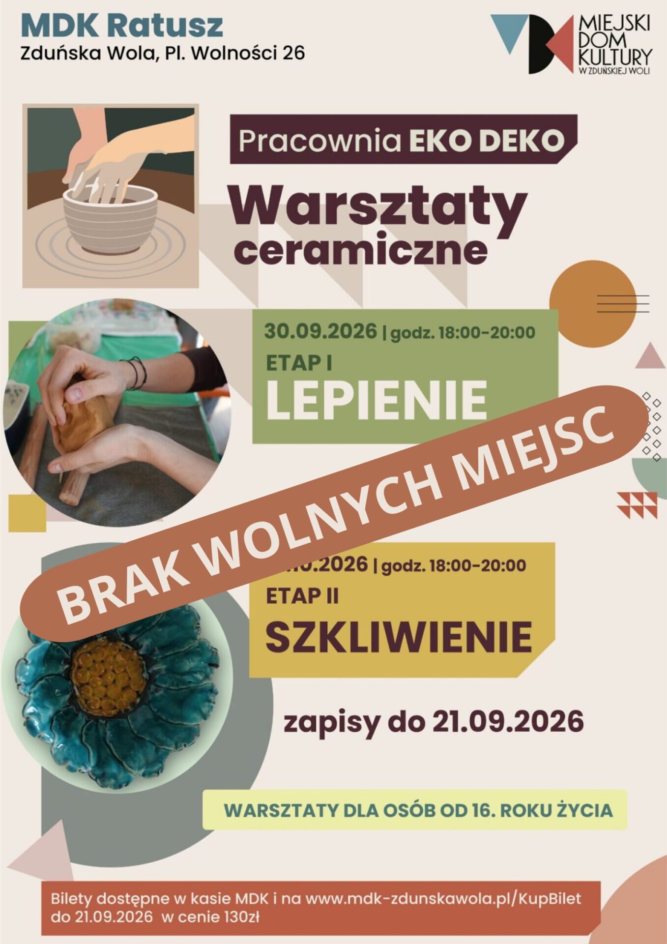 grafika dotyczy warsztatów ceramicznych w pracowni EKO DEKO pierwszy etap lepienie 30 września 2026, drugi etap szkliwienie 14 października WARSZTATY WYPRZEDANE