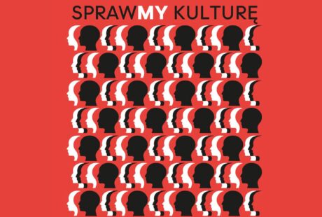 czerwona grafika z twarzami białami i czarnymi to grafika projektu w ramach programu Bardzo Młoda Kultura. MDK otrzyma dofinansowanie w ramach Partnerstwa Lokalnego