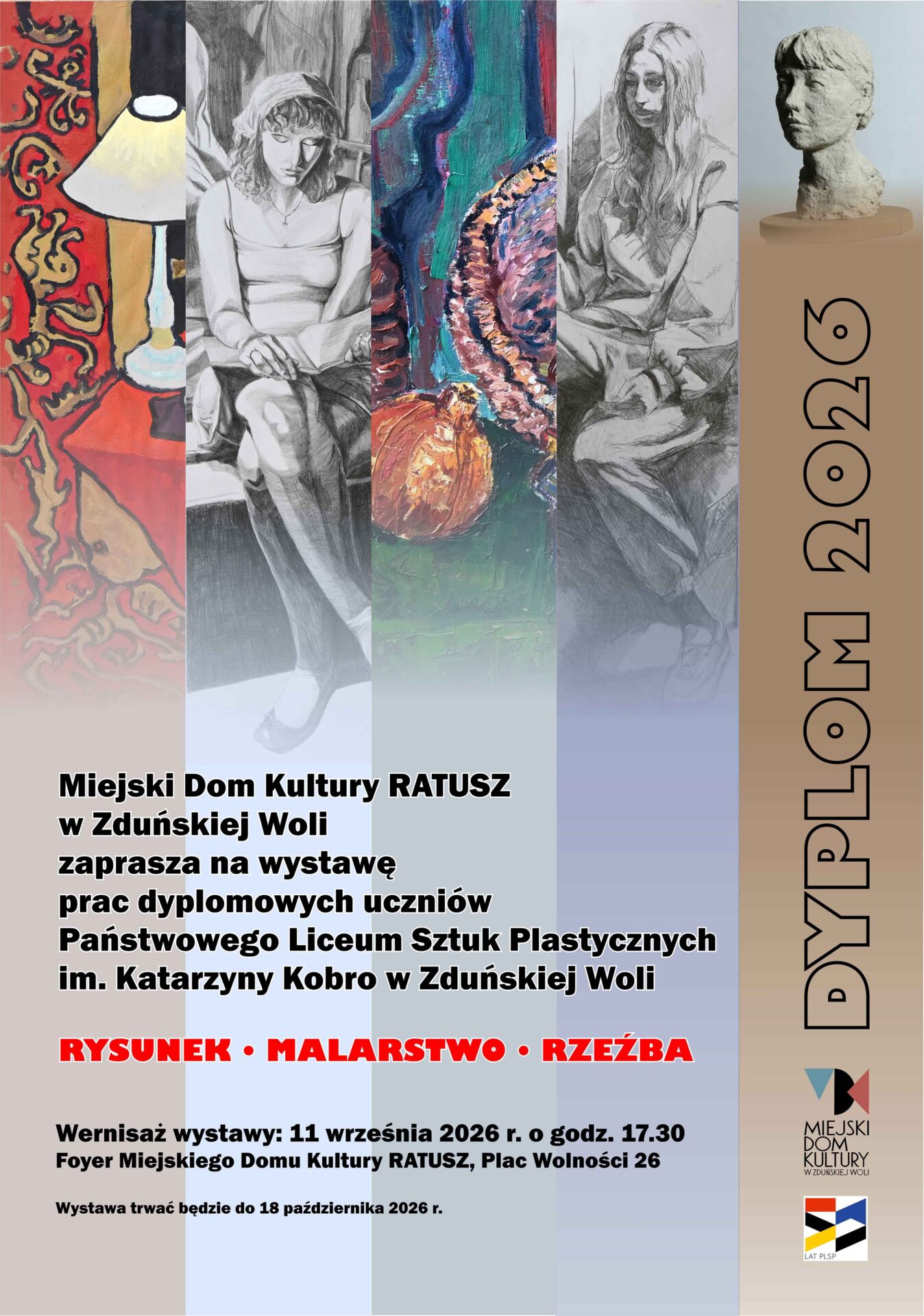 kolorowy plakat z pracami plastycznymi, rysunkiem, rzeźbą uczniów zduńskowolskiego plastyka, wernisaż wystawy odbędzie się 11 września o godz. 17.30