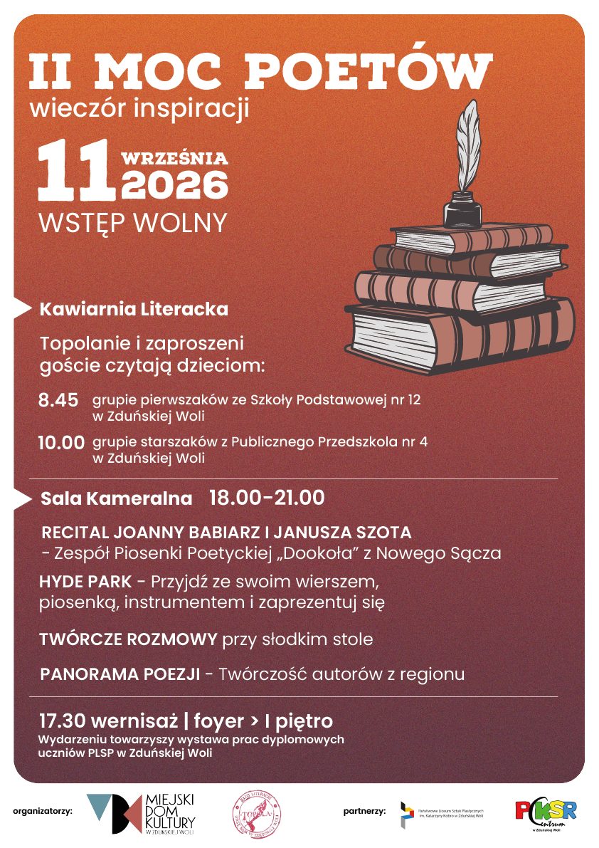 pomarańczowo czerwony plakat dotyczy drugiej mocy poetów, spotkania poetyckiego, które odbędzie się 11 września