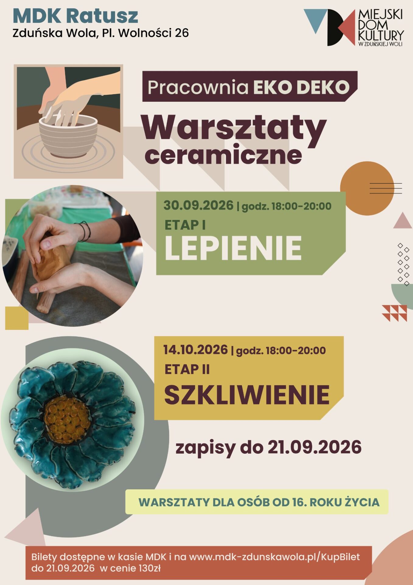 grafika dotyczy warsztatów ceramicznych w pracowni EKO DEKO pierwszy etap lepienie 30 września 2026, drugi etap szkliwienie 14 października