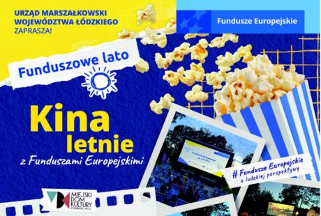 kolorowa grafika, niebiesko-żółto-biała dotyczy kina plenerowego w filii MDk os. Karsznice 22 sierpnia o godz. 20.30